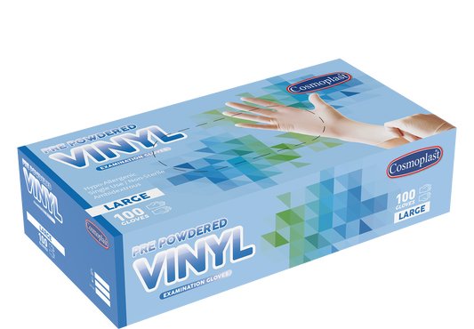 Cosmoplast Hygiene Clear Pre-powdered Vinyl Gloves Large 100 Pcs